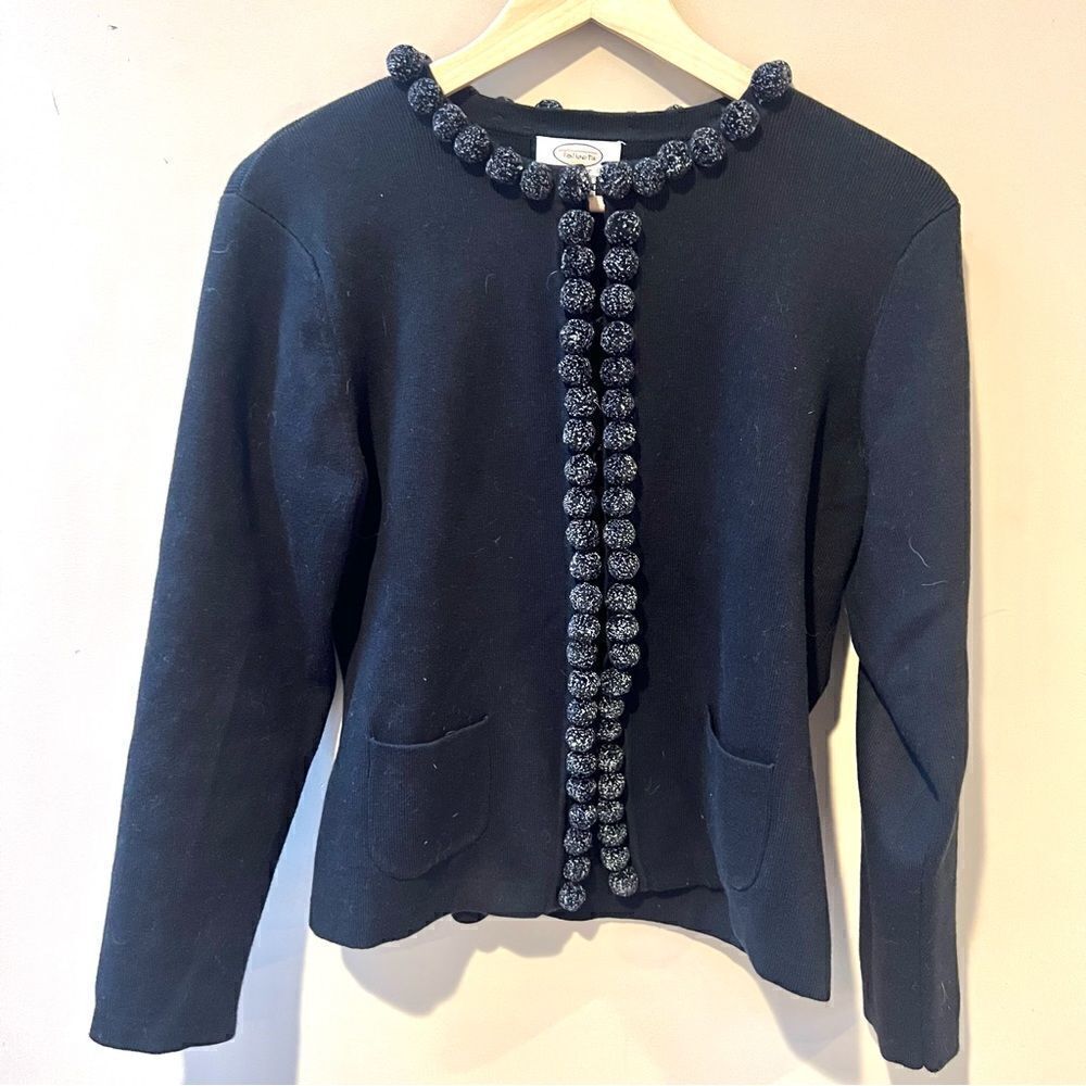 Talbots pompom trim black cotton blend cardigan M